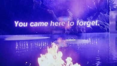 image of a fire on water with ancient ruins in the background