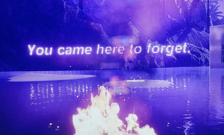 image of a fire on water with ancient ruins in the background